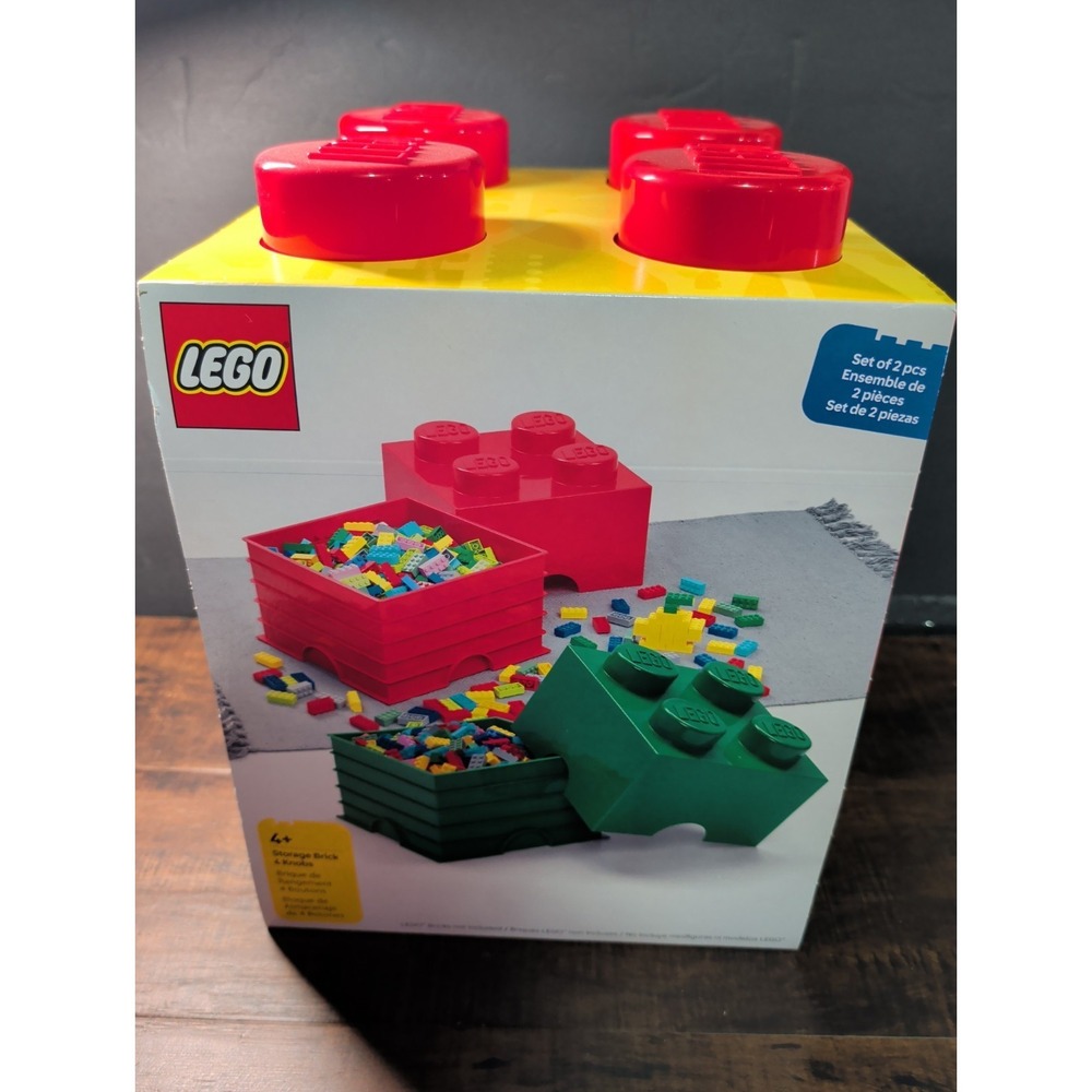 LEGO Storage Brick Box 4 Knobs Set of 2 Drawers Red & Green Pieces New